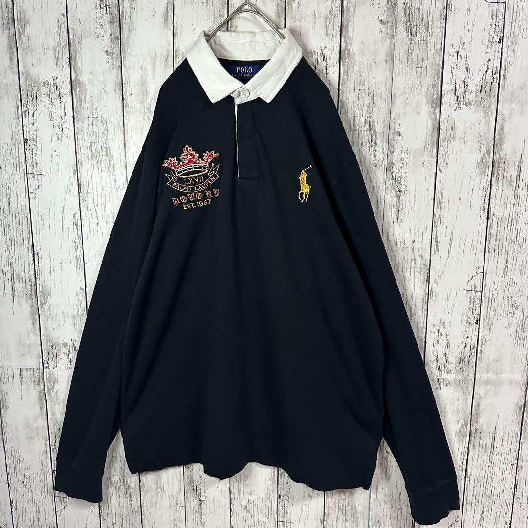 【ポロラルフローレン】ラガーシャツ☆ブラック　ゴールド☆刺繍☆ビッグポニー☆XL