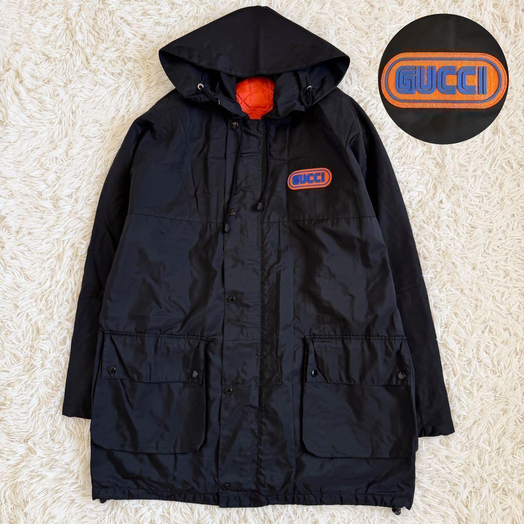 美品　XL相当　グッチ　ナイロンコート　ロゴワッペン　キルティング　フード　黒