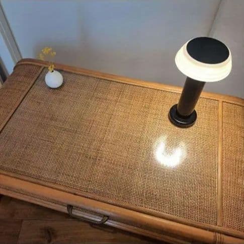 ヴィンテージ　ラタン座卓 ガラス天板 引き出し　書斎　レトロ　籐　韓国