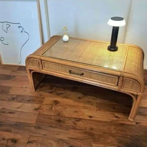 ヴィンテージ　ラタン座卓 ガラス天板 引き出し　書斎　レトロ　籐　韓国