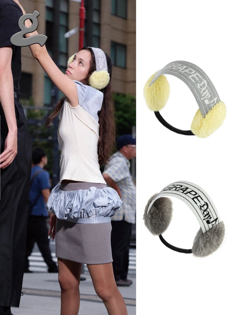 GRAPE楽譜アルファベット ニット ファー ヘアバンド イヤーマフ黄色グレー