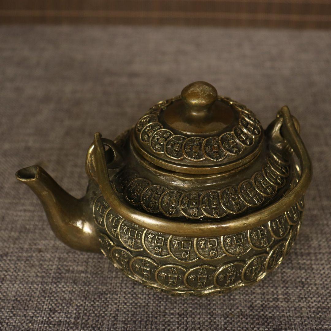 提梁壷 銅銭茶壺 工芸品 美術品 置物