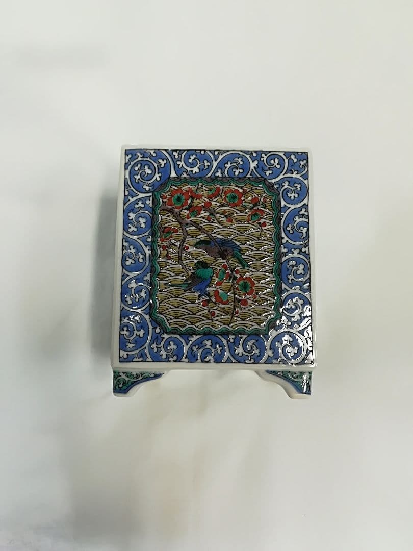 九谷焼 香籠 九谷 花鳥唐草 角香炉 白雅作 新品未使用 レア アンティーク