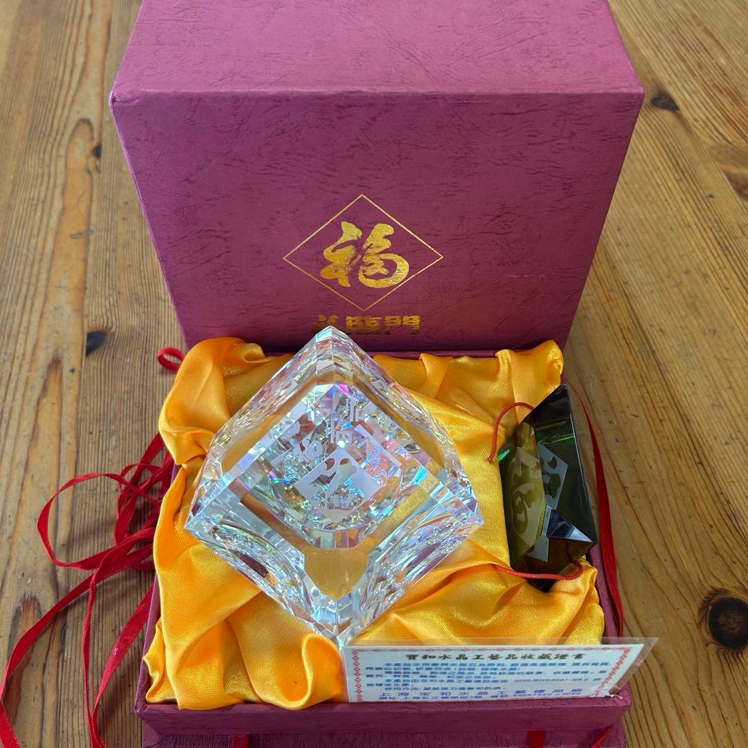 福禄寿クリスタルオブジェ　上海宝和水晶工芸　溶練水晶の置物　鑑定書付き