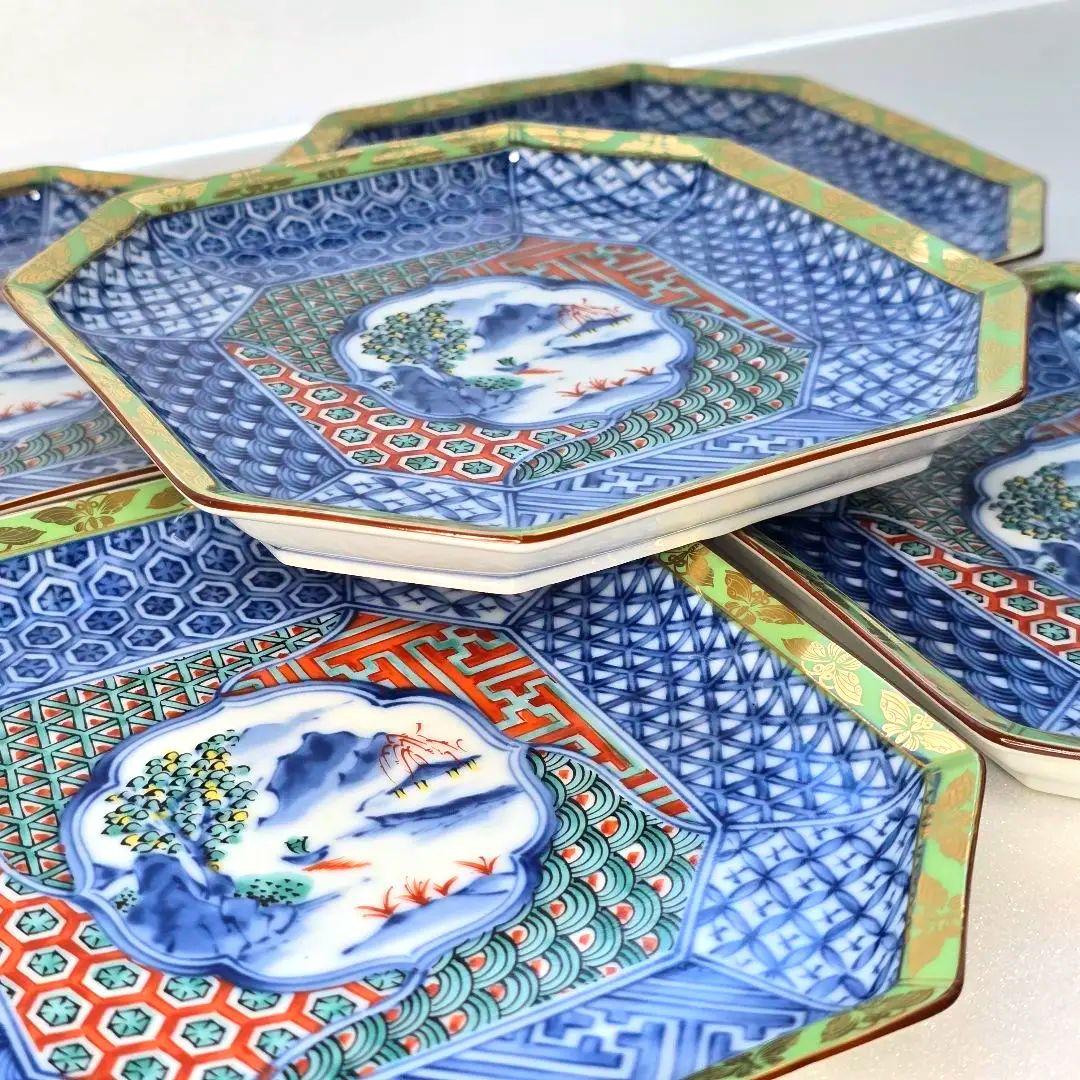 龍峰窯 龍峯窯 緑彩 金欄手 八角皿 中皿 5枚 色絵山水 染付 取り皿