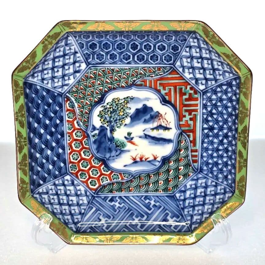 龍峰窯 龍峯窯 緑彩 金欄手 八角皿 中皿 5枚 色絵山水 染付 取り皿