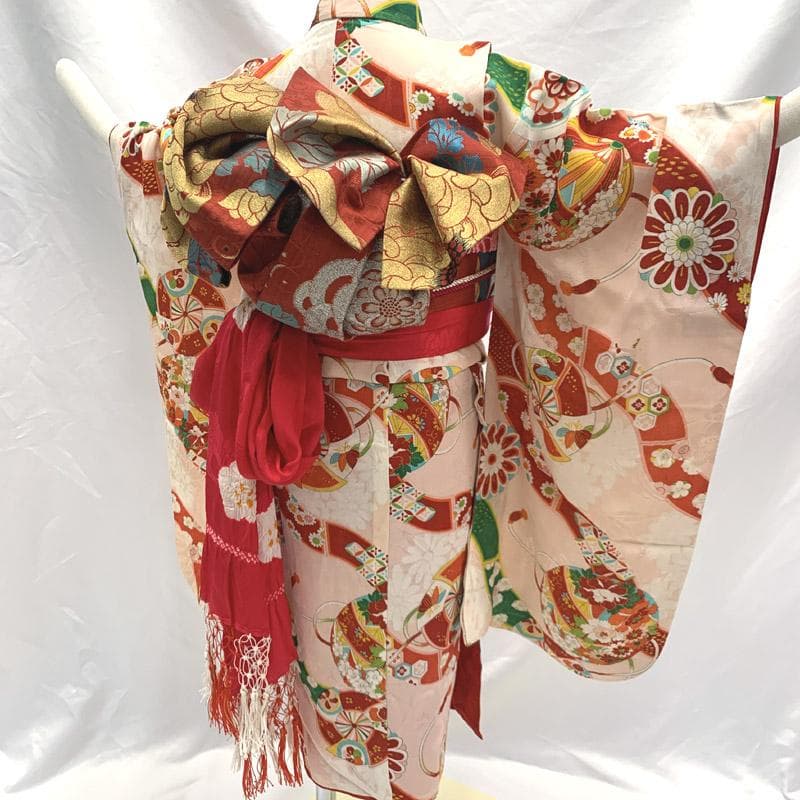 407ag19,小物類■七五三 七歳 アンティーク着物&開き帯 鞠 結び紐■良好