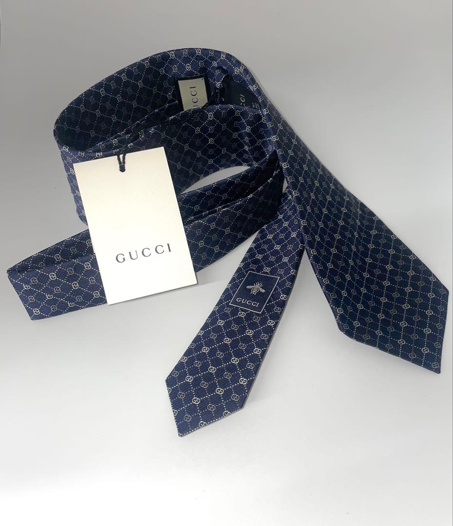 新品 グッチ ネクタイ ハイブランド GG 総柄 ネイビー
