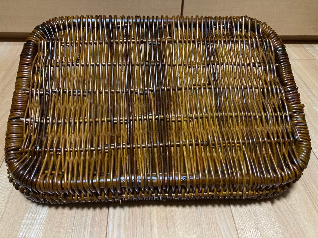 アンティークヴィンテージ籠トレイ　持ち手付き　かご