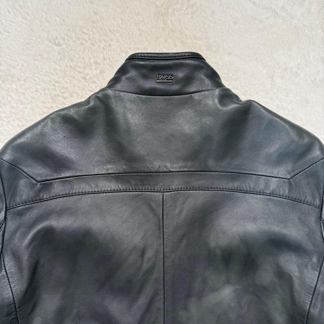 希少カラー ネイビー系 ヒューゴボス シングルライダースジャケット 羊革 M相当