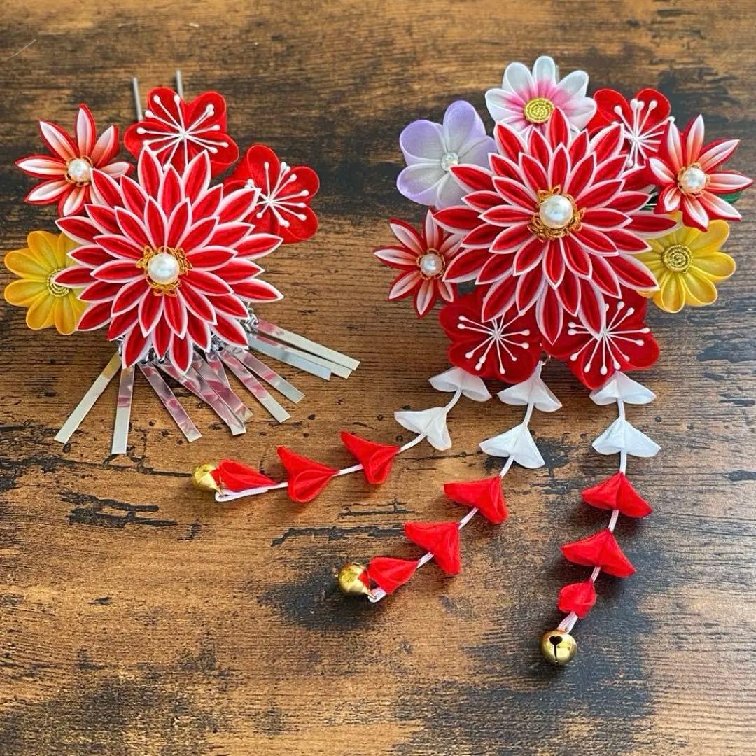 再々販 つまみ細工 髪飾り 簪セット 赤 七五三 卒業式 成人式