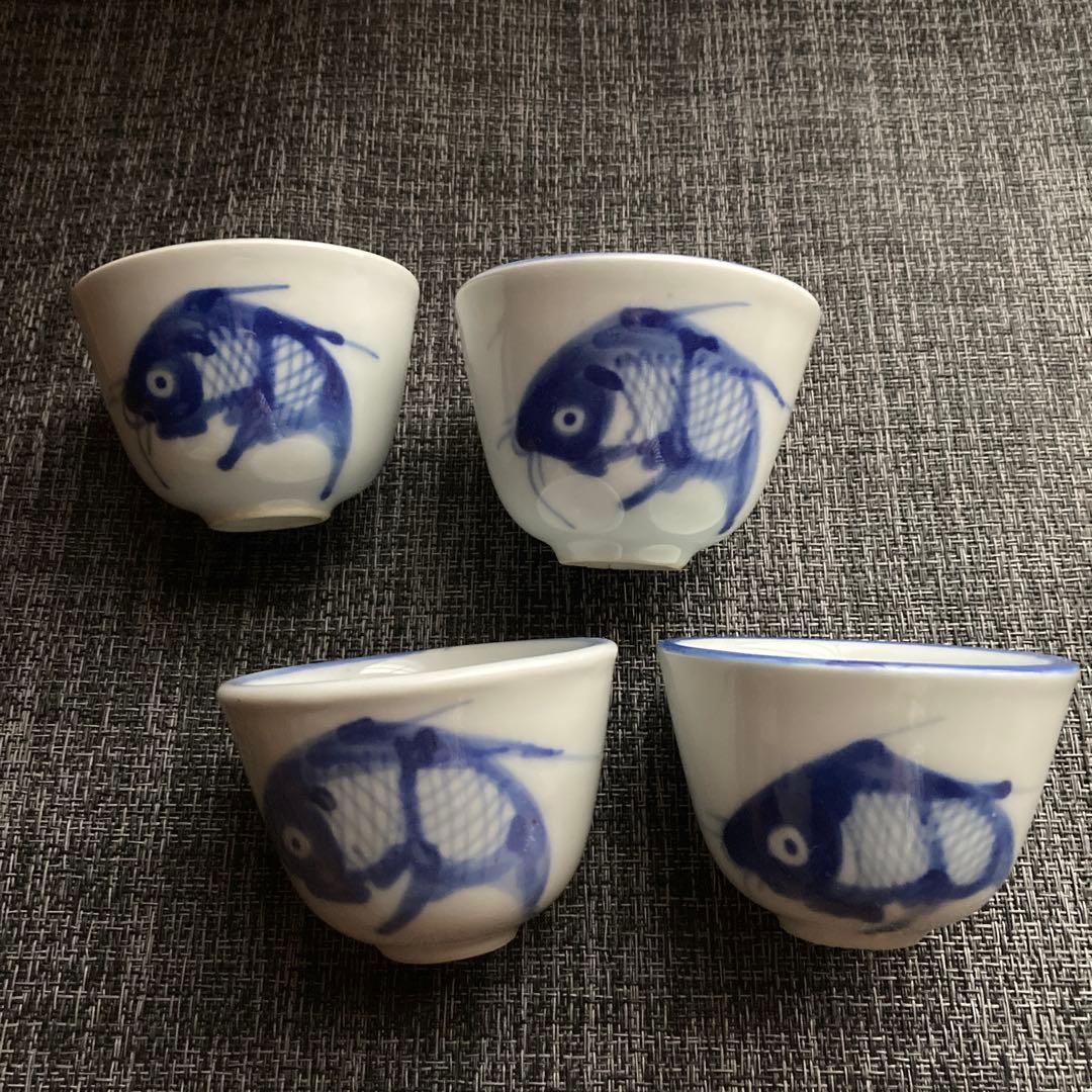 骨董　煎茶碗　手描き染付　茶器　湯のみ　4客セット　※値下げしました