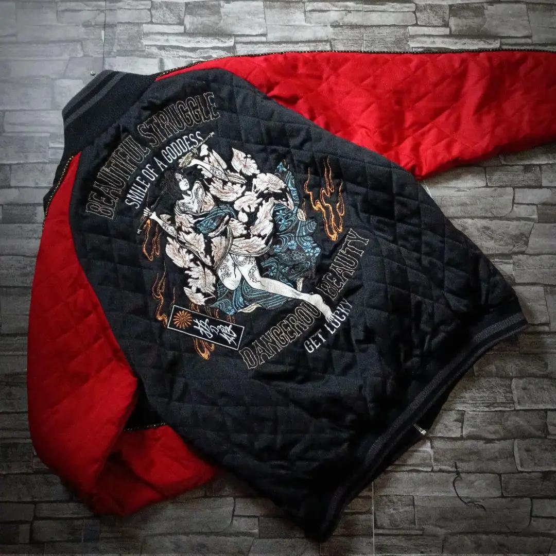 圧巻の大迫力☆抜刀娘キルティングスカジャン バイカラー 刺繍和装美人 バックロゴ