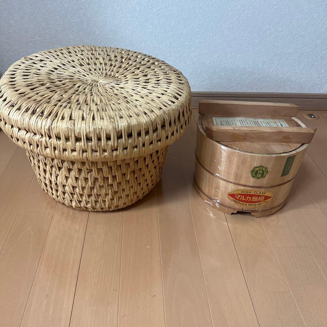 古民具 藁いずみ 手作り 藁籠 藁細工 マルカ飯櫃のセット