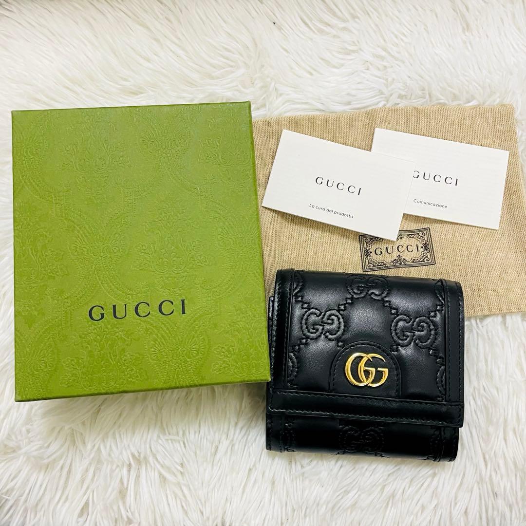 未使用級✨付属完備✨GUCCI 二つ折り財布 GG マーモント マトラッセ 黒