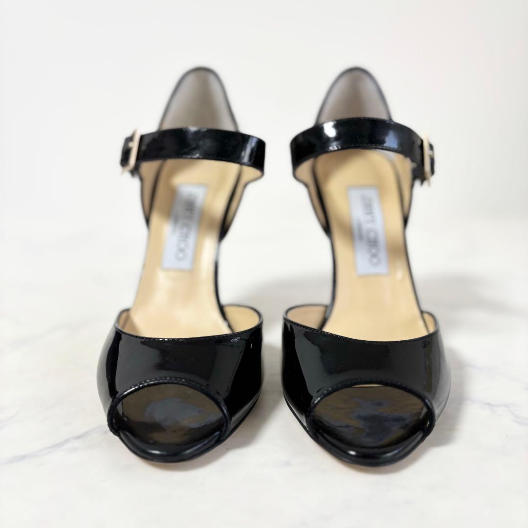 極美品 ジミーチュウ 36.5 オープントゥ ストラップ パンプス エナメル 黒