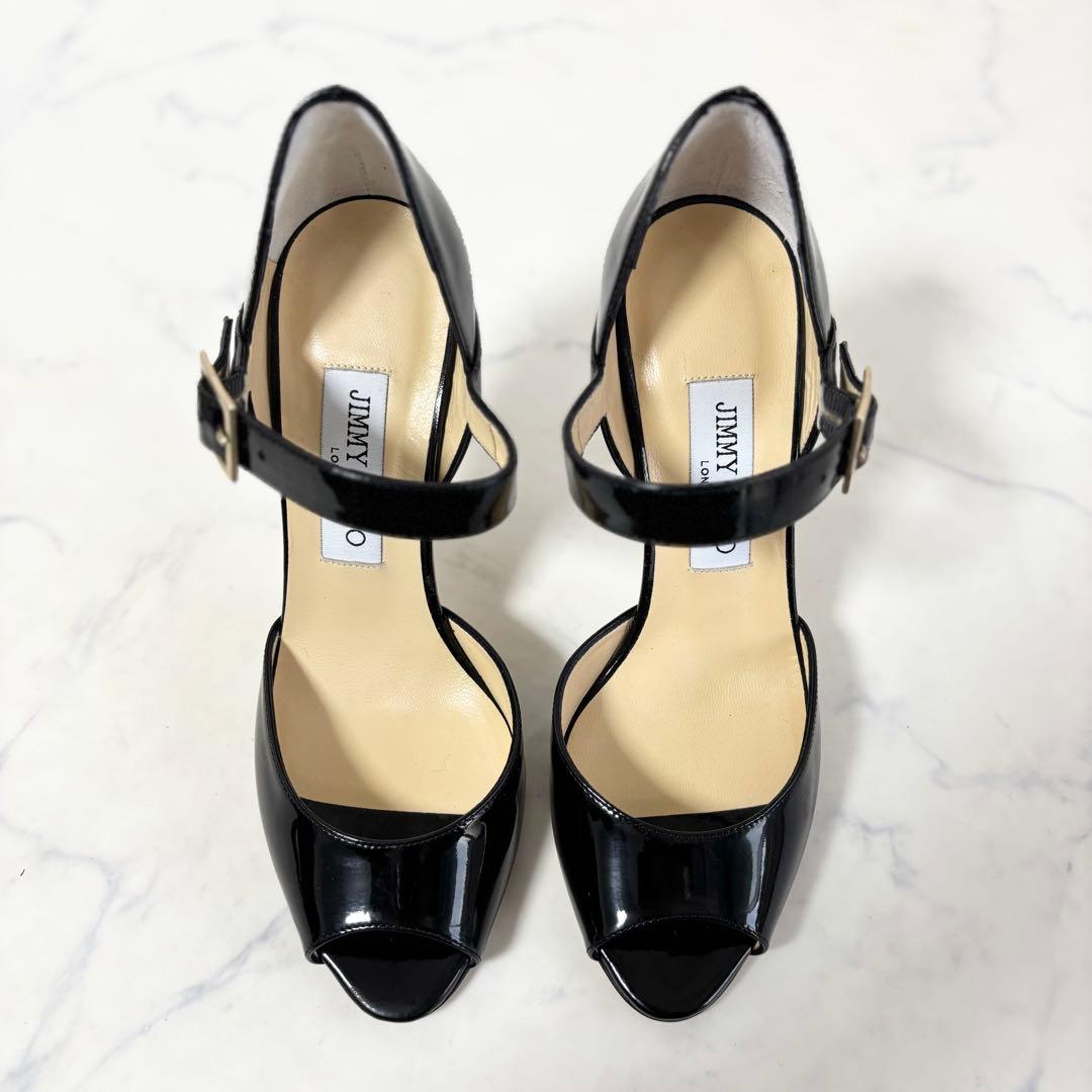 極美品 ジミーチュウ 36.5 オープントゥ ストラップ パンプス エナメル 黒
