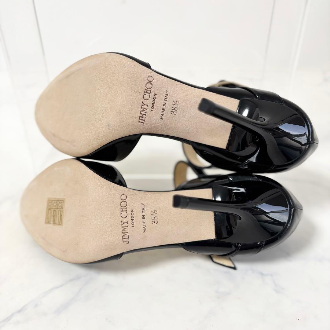極美品 ジミーチュウ 36.5 オープントゥ ストラップ パンプス エナメル 黒