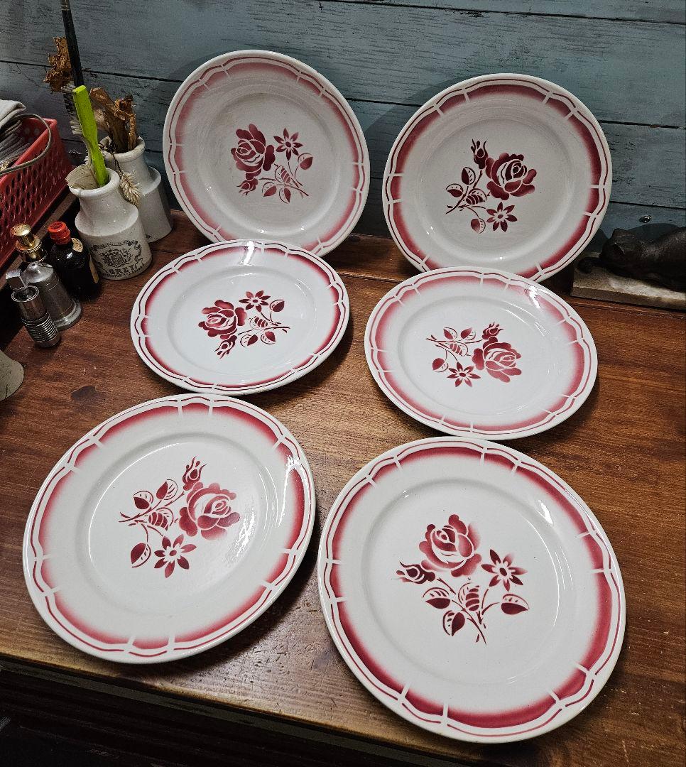 フランスアンティーク ステンシルプレート 6枚セット 平皿 花柄 バラ