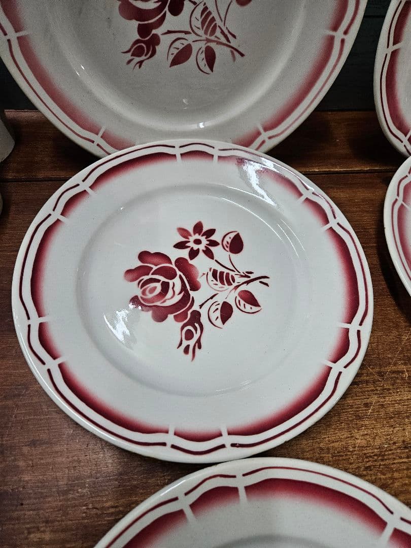 フランスアンティーク ステンシルプレート 6枚セット 平皿 花柄 バラ