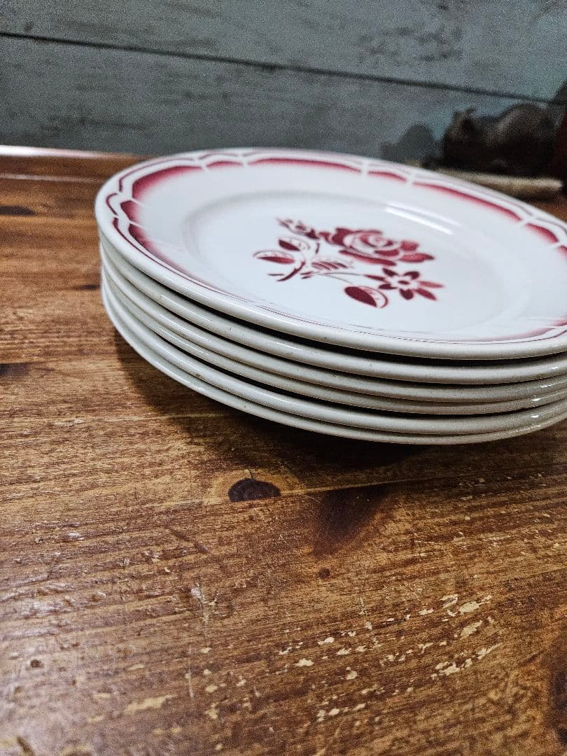 フランスアンティーク ステンシルプレート 6枚セット 平皿 花柄 バラ