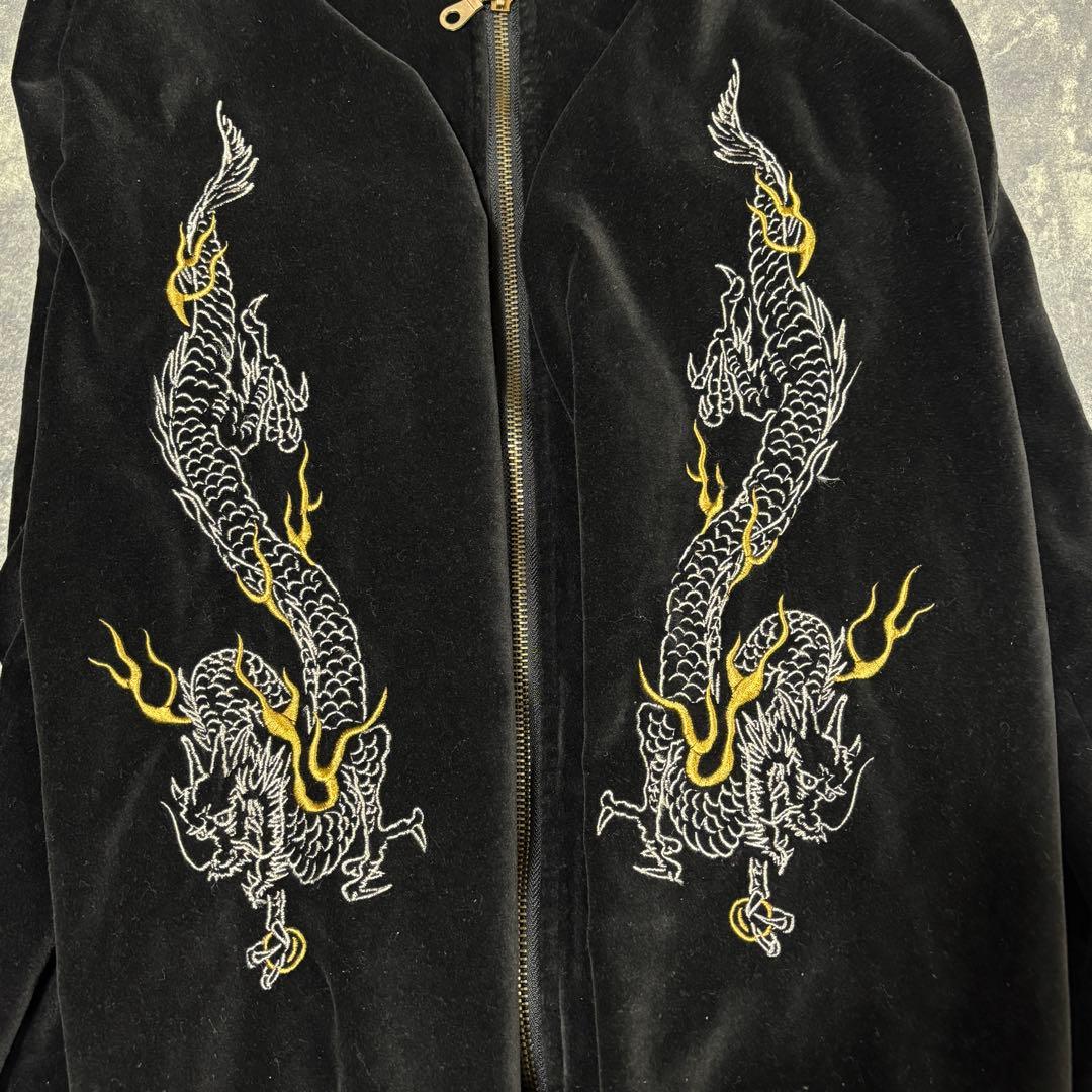 BARCEDOS 別珍 日本限定 スカジャン 龍 昇竜 刺繍 ベロア 艶 黒 金