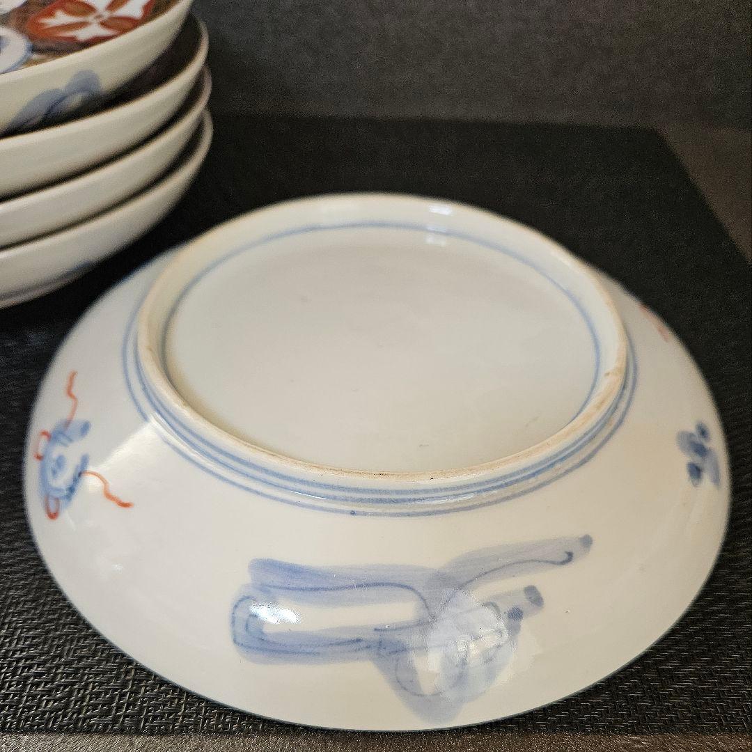 江戸末期～明治初期　古伊万里　錦手　見込みに松竹梅　粟に鶉の図　花意匠丸紋皿5客