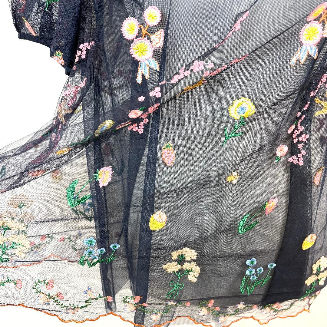 【美品】 franche lippee 半袖シアートブラウス 5 ネイビー 刺繍