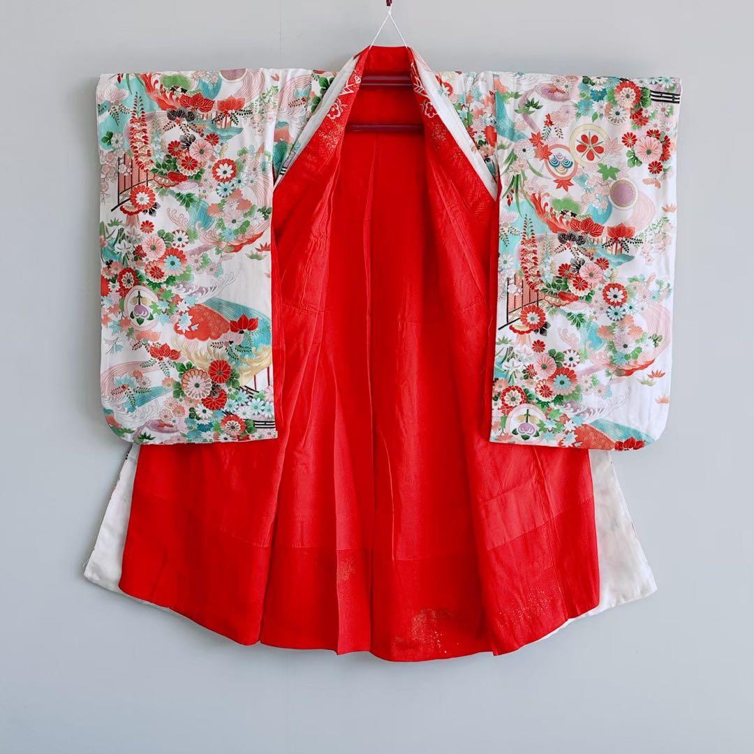 フルセット　七五三　7歳女の子　昭和レトロ　花御所車　金プリント　黒丸帯7070