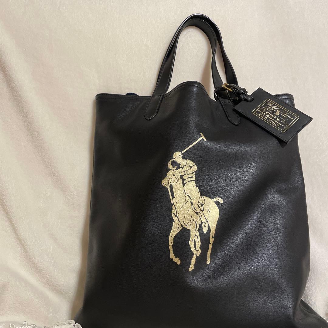 ラルフローレン オールレザー トートバッグ　POROポニーロゴ 黒色