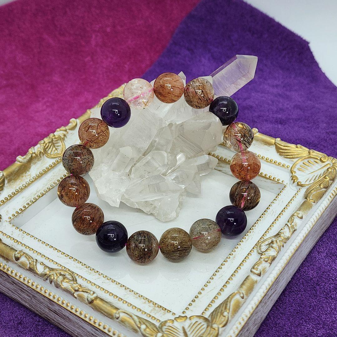 希少スーパーセブン天然石ブレスレット 7つの鉱物が織りなす霊的守護の力 箱付き