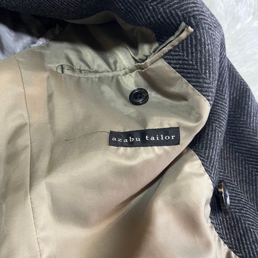 美品　麻布テーラー　カシミヤ混　ダブルチェスターコート　ヘリンボーン柄