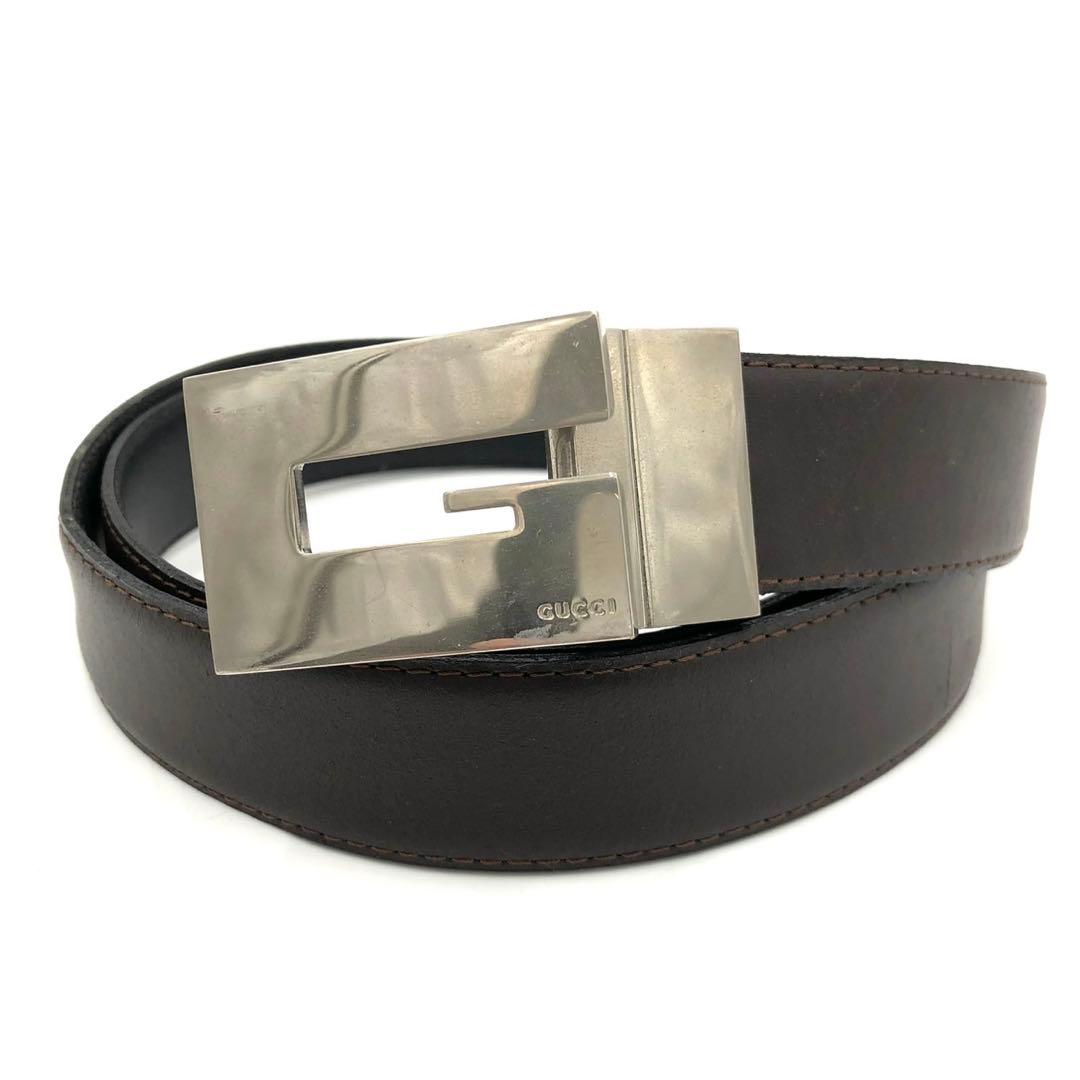 GUCCI グッチ Gバックル ベルト レザー 茶色 黒 リバーシブル メンズ