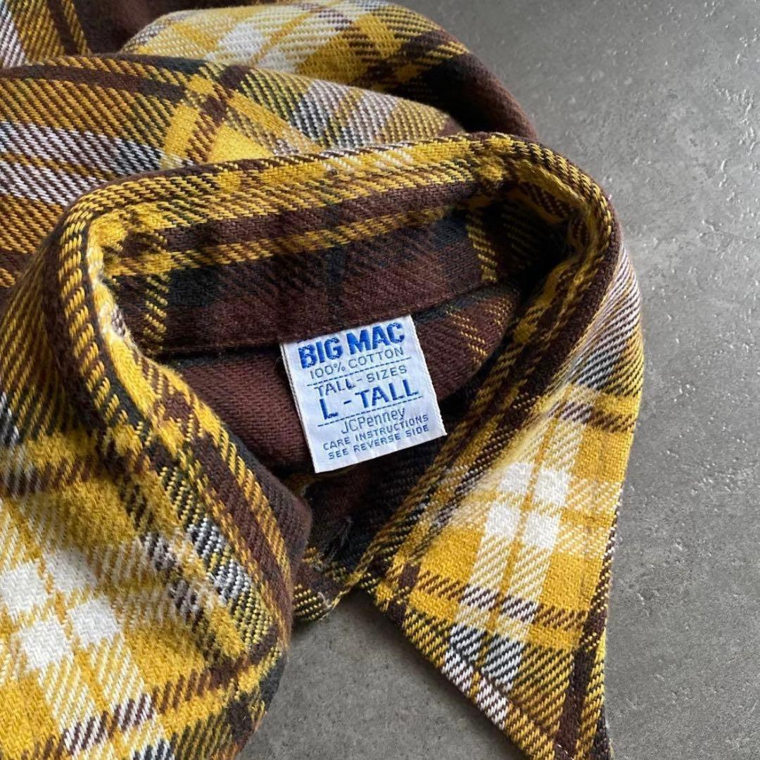 70s 単色タグ BIG MAC ネルシャツ 黄×茶 L TALL