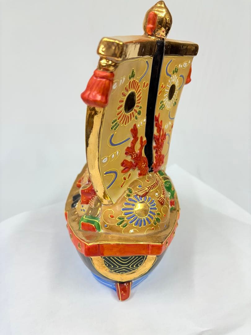 宝船 七福神 置物 九谷焼 縁起物 置物 アンティーク 台付き 花台