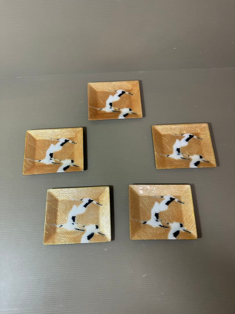 2936 七宝焼　金地双鶴　角皿　5客