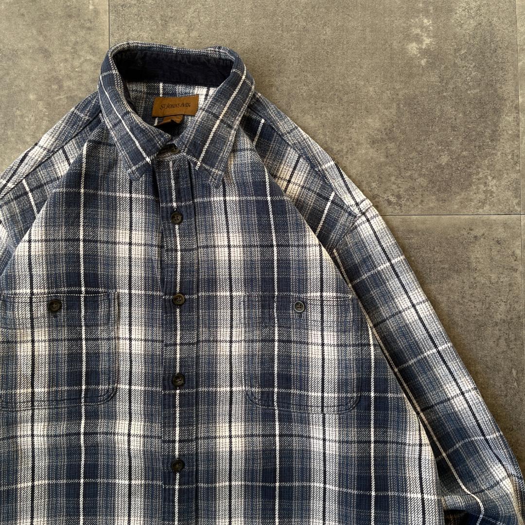 00s ST JOHN'S BAY ヘビーネルシャツ 青 L A719 オンブレ