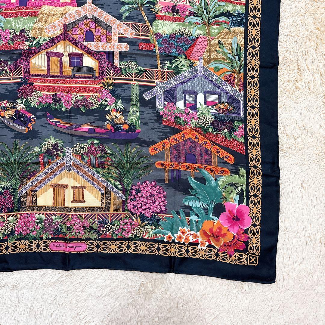 サルヴァトーレフェラガモ 大判スカーフ シルク イタリア製 花 トロピカル