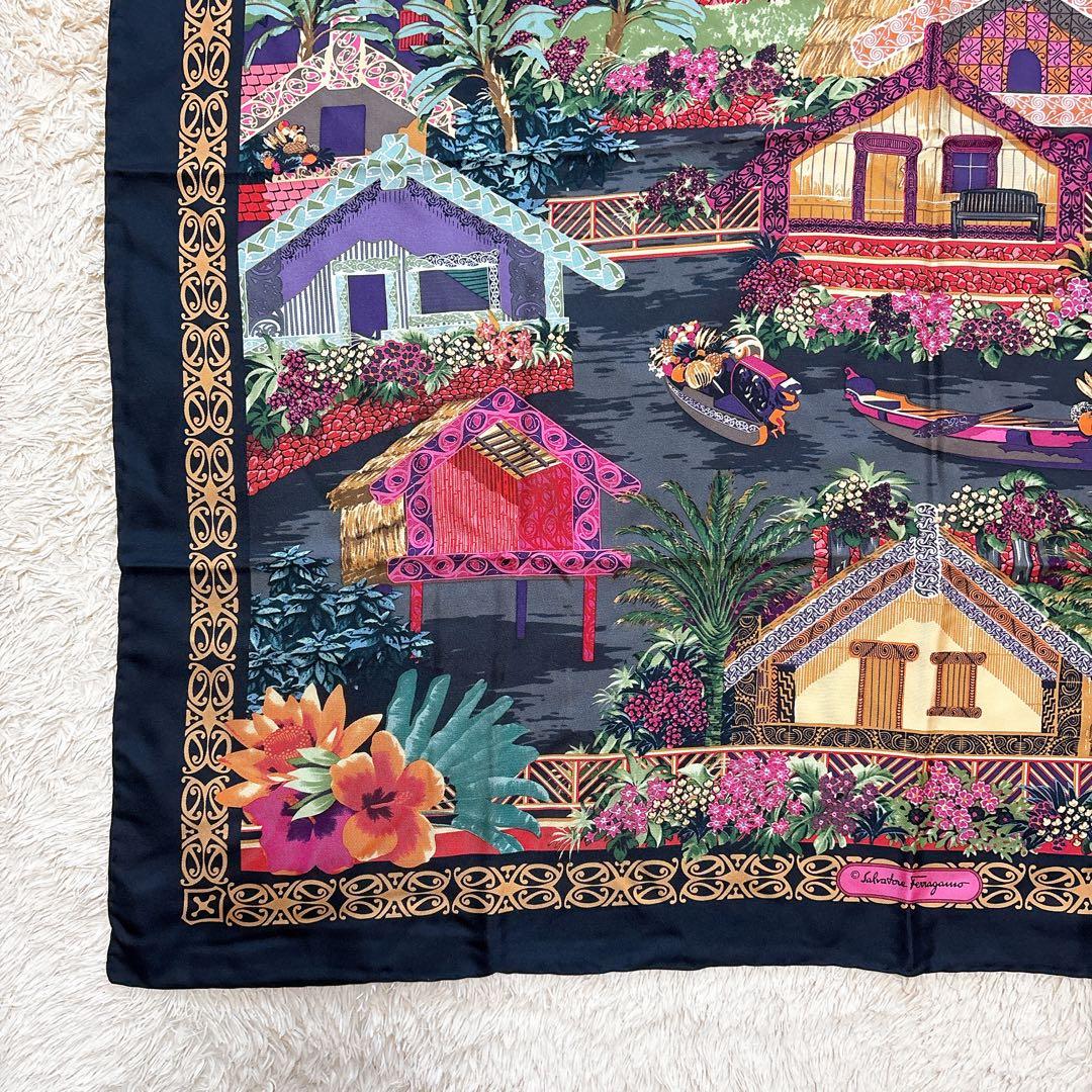 サルヴァトーレフェラガモ 大判スカーフ シルク イタリア製 花 トロピカル