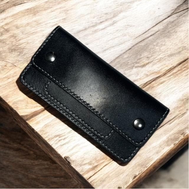 ロングトラッカーウォレット/姫路レザー芯通し黒色/ステッチ白色/フルハンドメイド