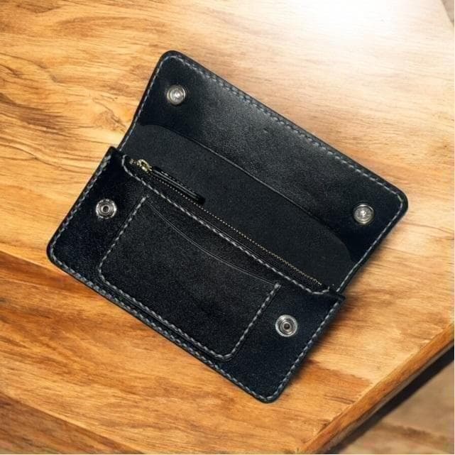 ロングトラッカーウォレット/姫路レザー芯通し黒色/ステッチ白色/フルハンドメイド