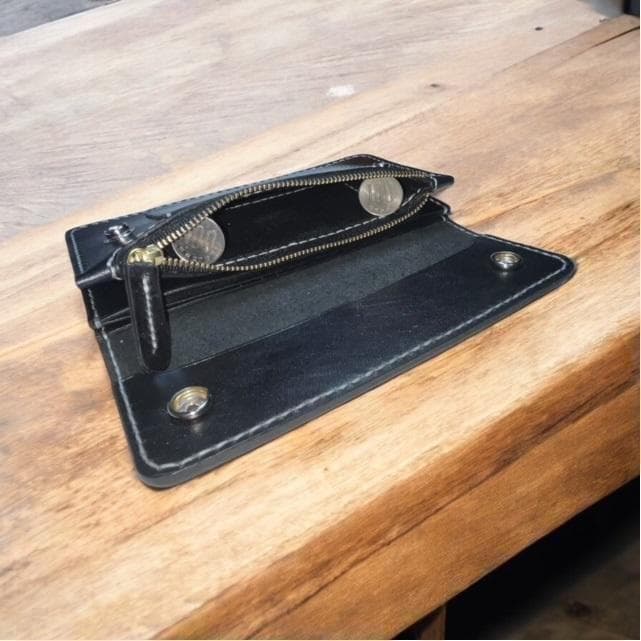 ロングトラッカーウォレット/姫路レザー芯通し黒色/ステッチ白色/フルハンドメイド