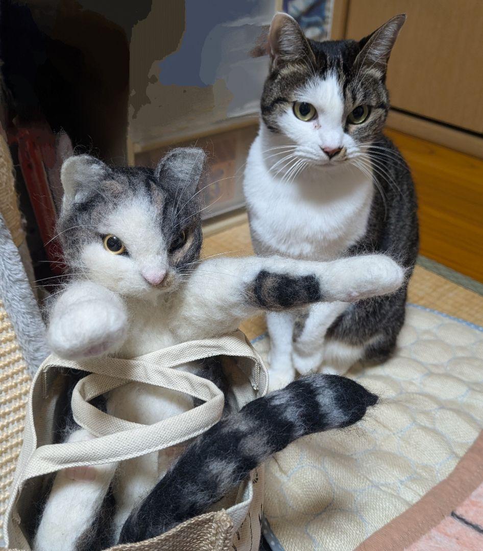 『KALDIねこの日バッグに入っちゃった猫』　リアル羊毛フェルト　猫　等身大