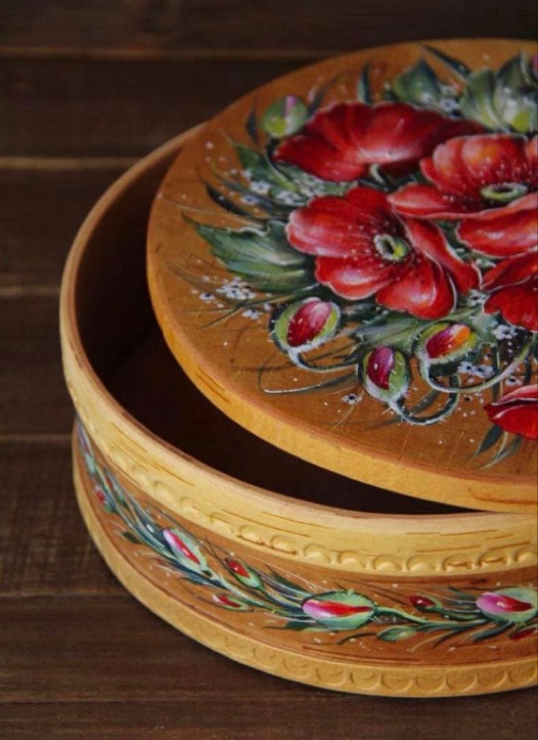 ロシア雑貨☆白樺べレスタ『スカーレット・ポピー』ラウンド収納boxマトリョーシカ