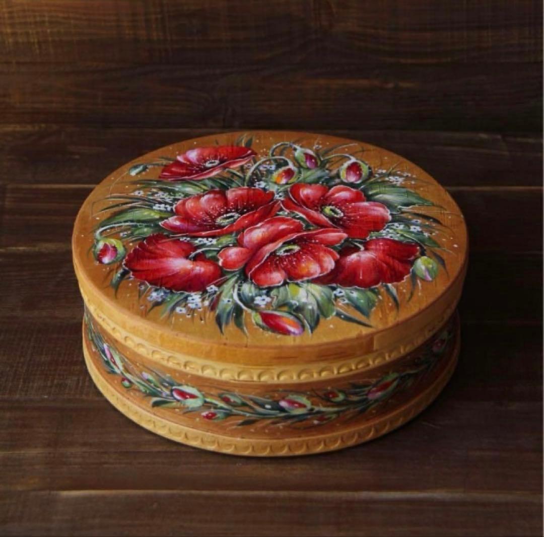 ロシア雑貨☆白樺べレスタ『スカーレット・ポピー』ラウンド収納boxマトリョーシカ