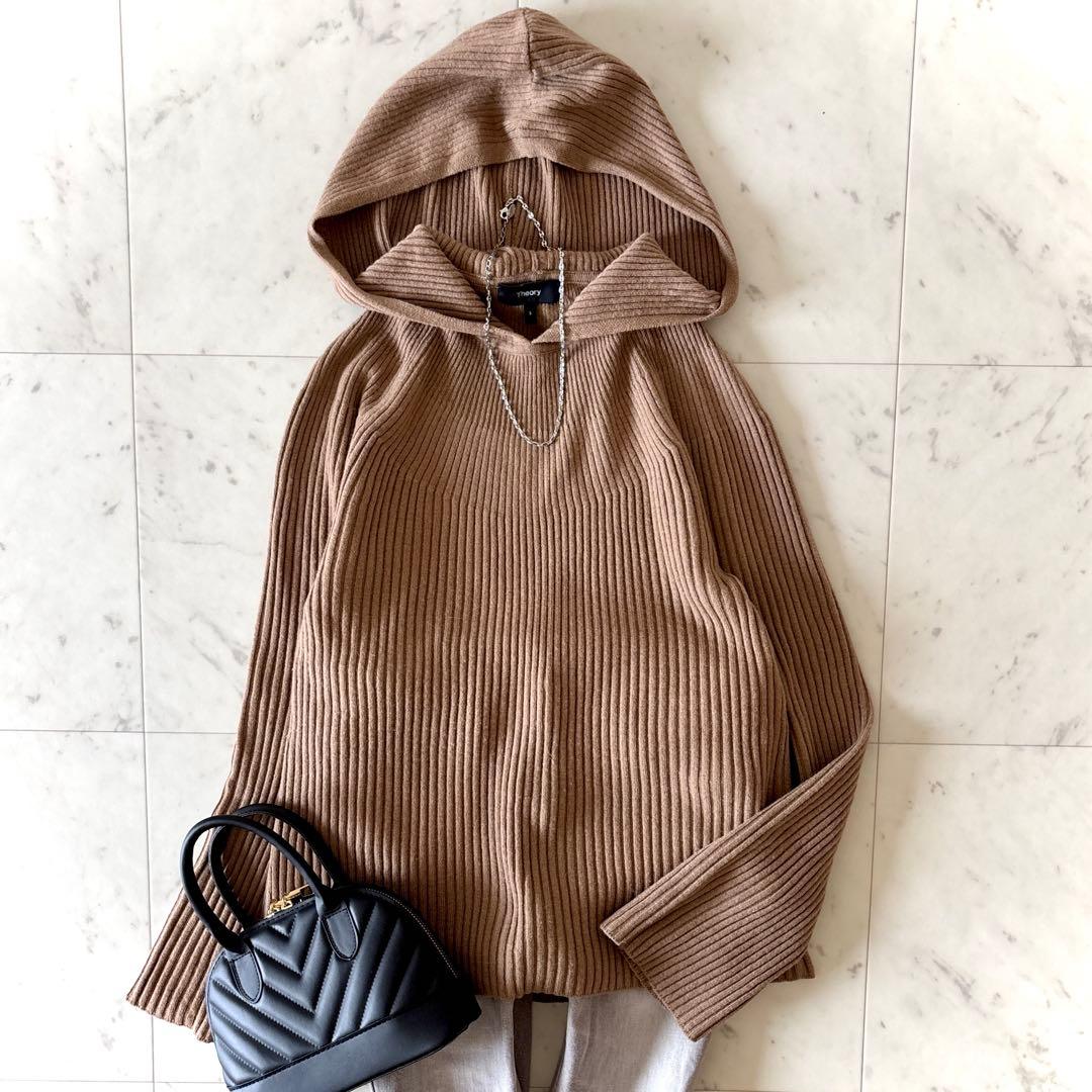 美品 セオリー カシミヤ混 ウール フーデット リブニット キャメル S 近年