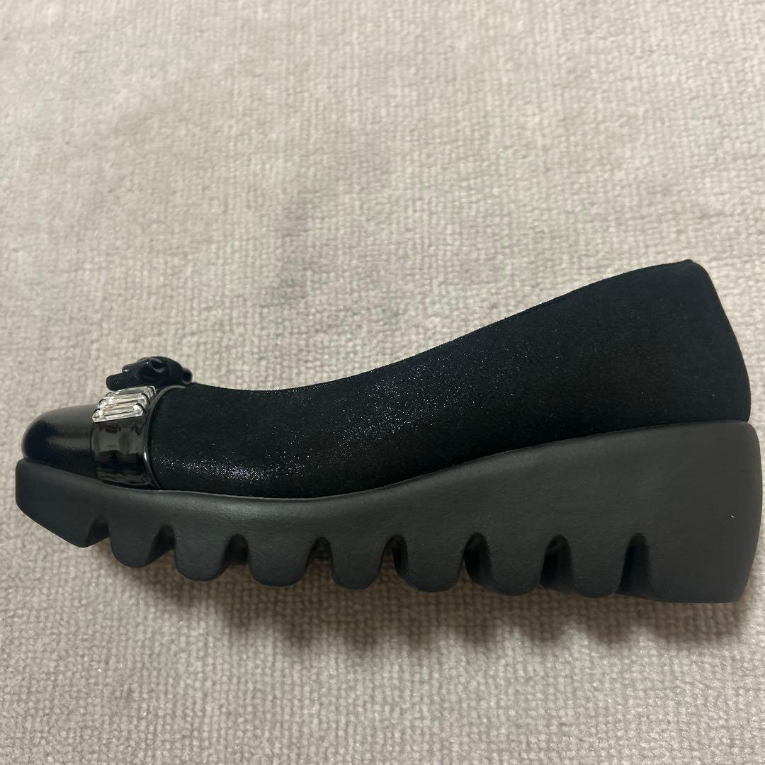 ヒルズアベニューブラックウエッジソールシューズ リボン付き22cm⭐︎美品⭐︎