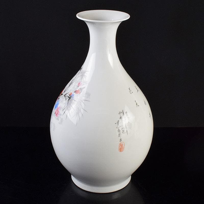 中国　余海犮作　景徳鎮製款　粉彩　漢詩花鳥文　玉壺春瓶　証明書付　MR9302B