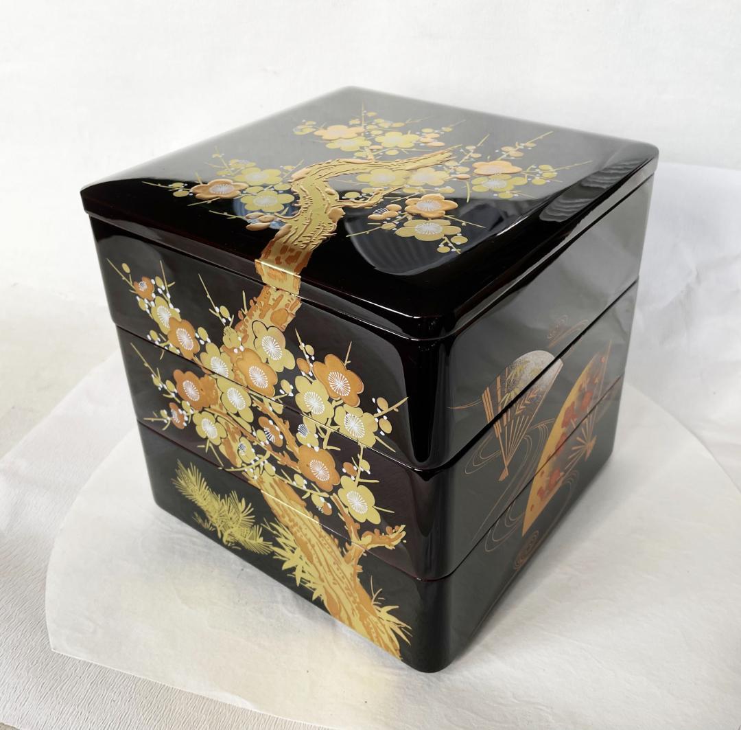 重箱 おせち 三段重 木製扇面花丸松竹梅蒔絵 溜内朱 6.5寸 20cm 漆器