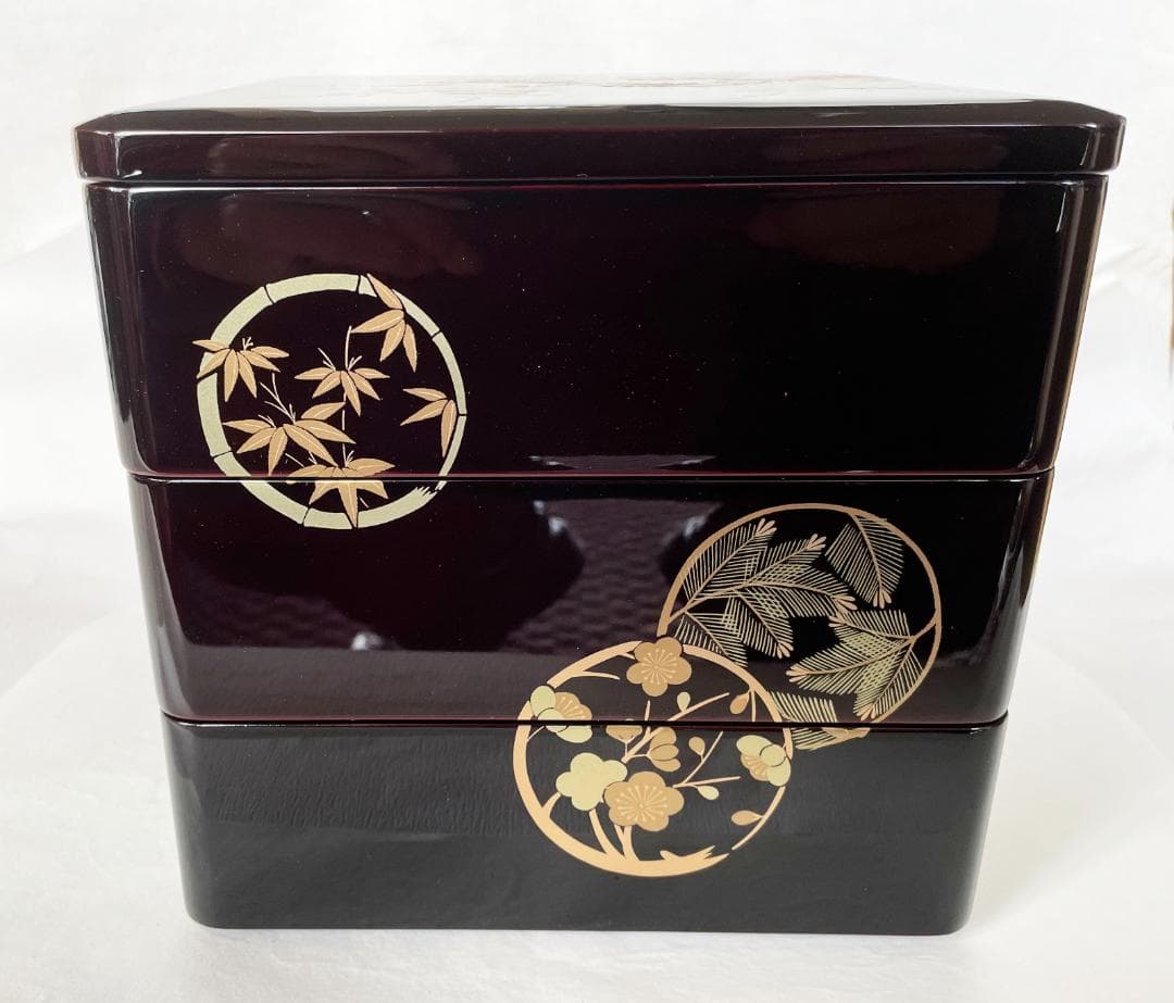 重箱 おせち 三段重 木製扇面花丸松竹梅蒔絵 溜内朱 6.5寸 20cm 漆器